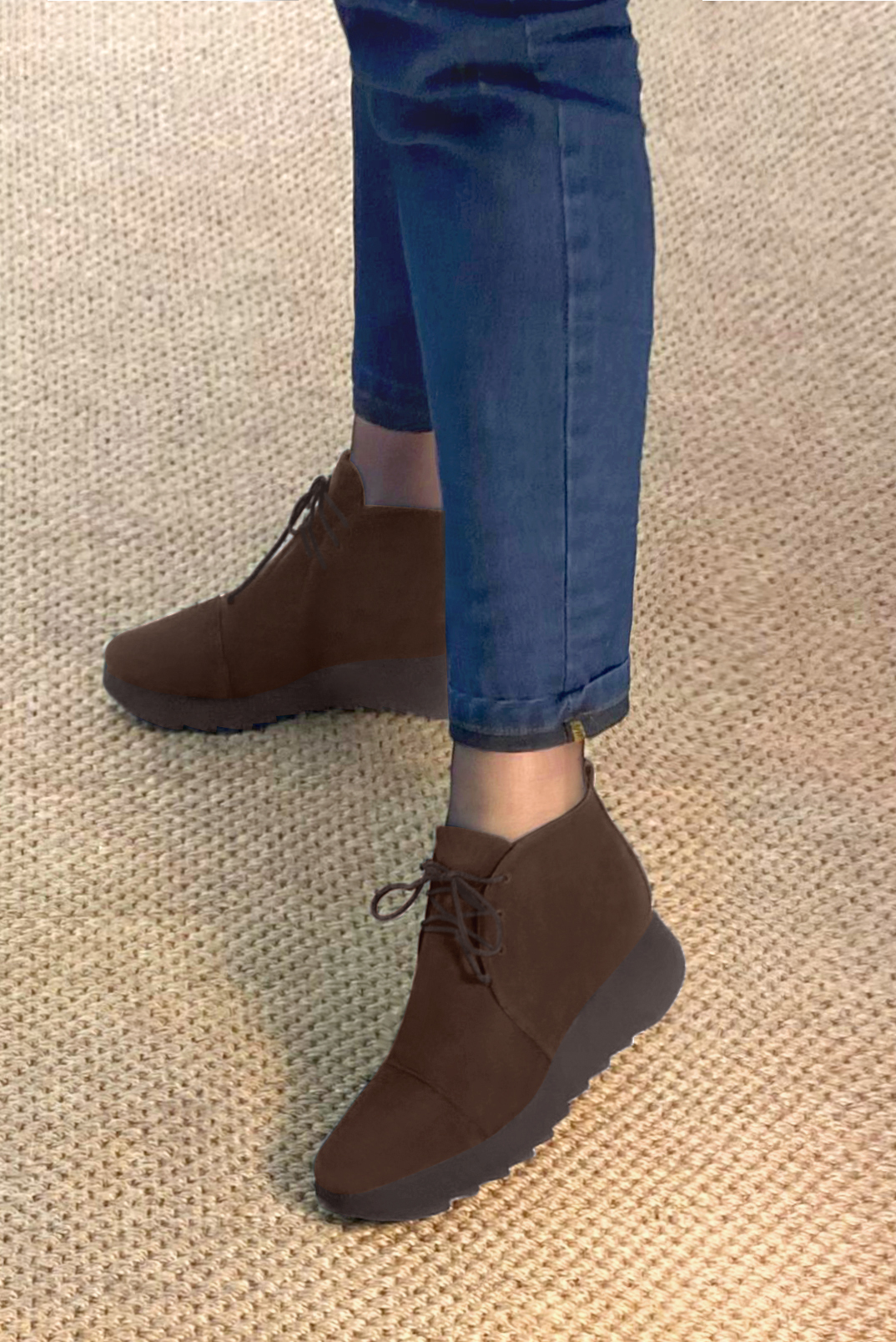 Dark brown women's ankle boots with laces at the front. Square toe. Low rubber soles. Worn view - Florence KOOIJMAN
